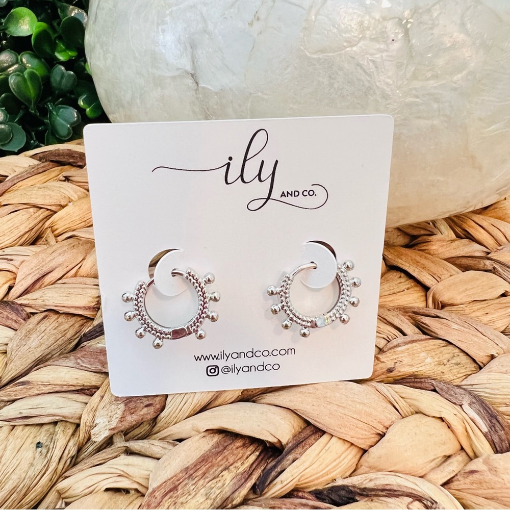 NWT Dainty Beaded Huggie Hoop Earrings | Silver Tone | Lightweight | Mini Hoops
